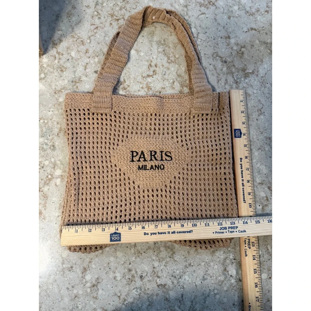 Paris Milano Crochet Knit Mesh Tote Bag Tan Beige Boho Market Shopper Handbag